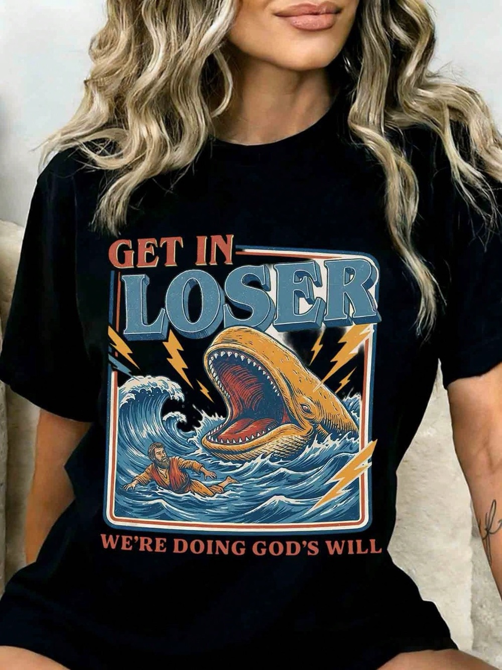 Garnier Black Graphic Tee with Blue and Orange Shark Print